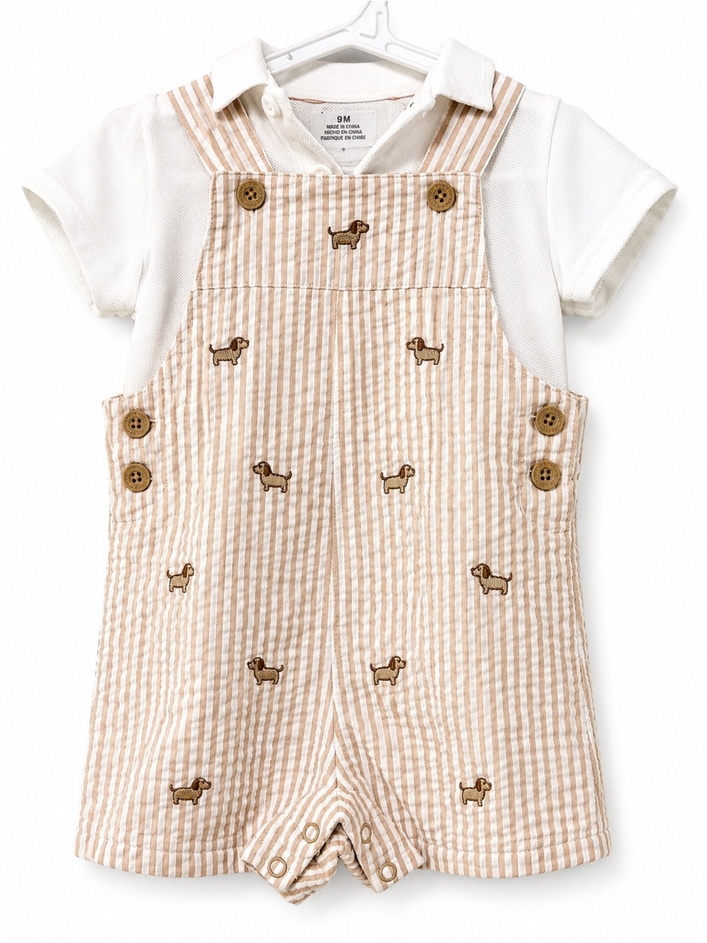Little Me Beige Striped Puppy Embroidered Shortalls